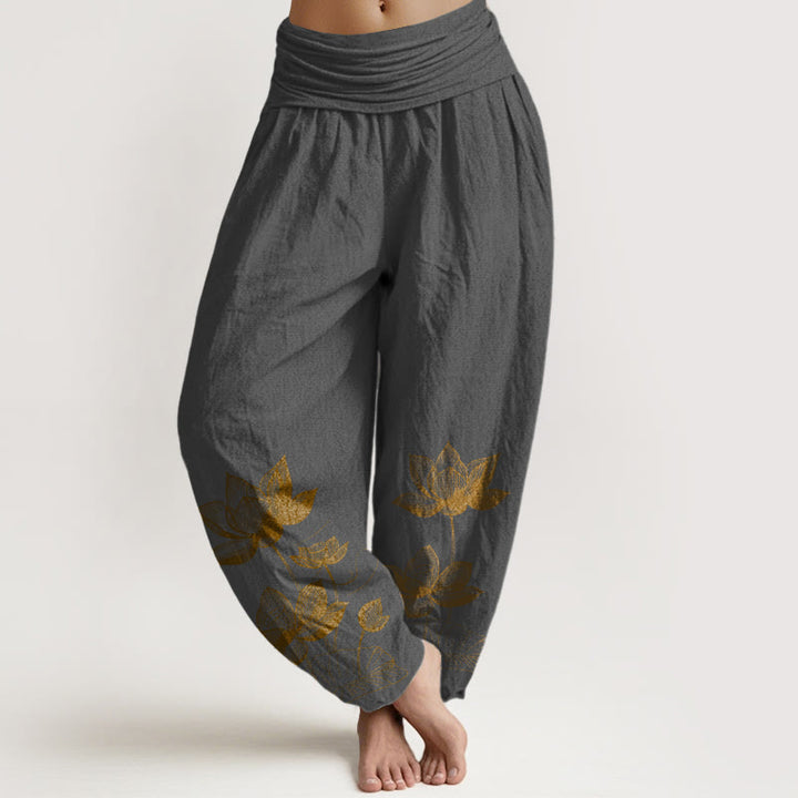 Pantalon harem à taille élastique pour femme, en pur coton, motif de fleur de lotus dessiné au trait, Buddha Stones - Gris sombre - US16，UK/AU20，EU48 (3XL) - image 8