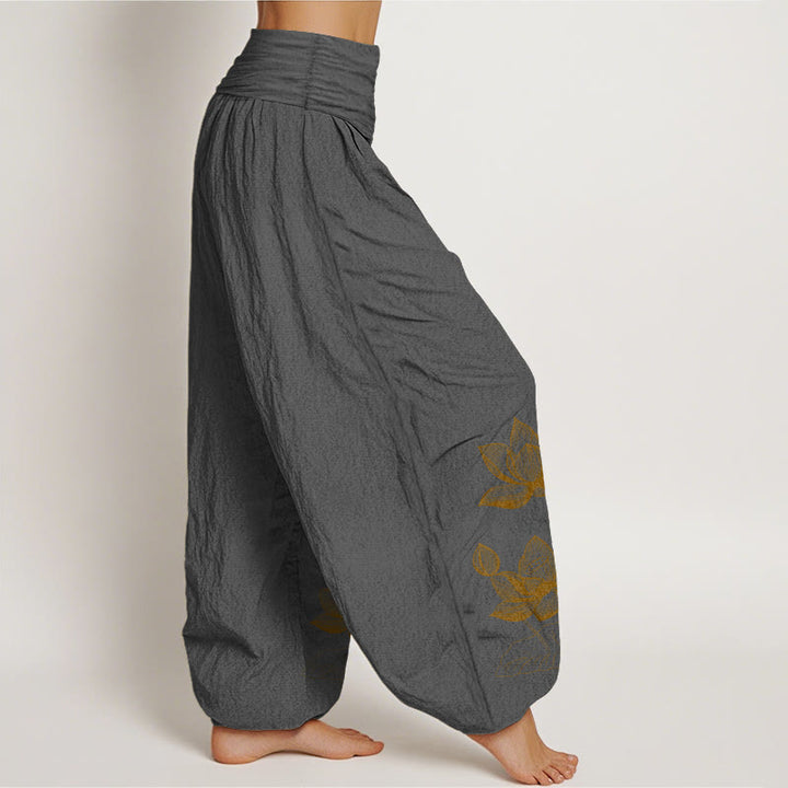 Pantalon harem à taille élastique pour femme, en pur coton, motif de fleur de lotus dessiné au trait, Buddha Stones - image 10