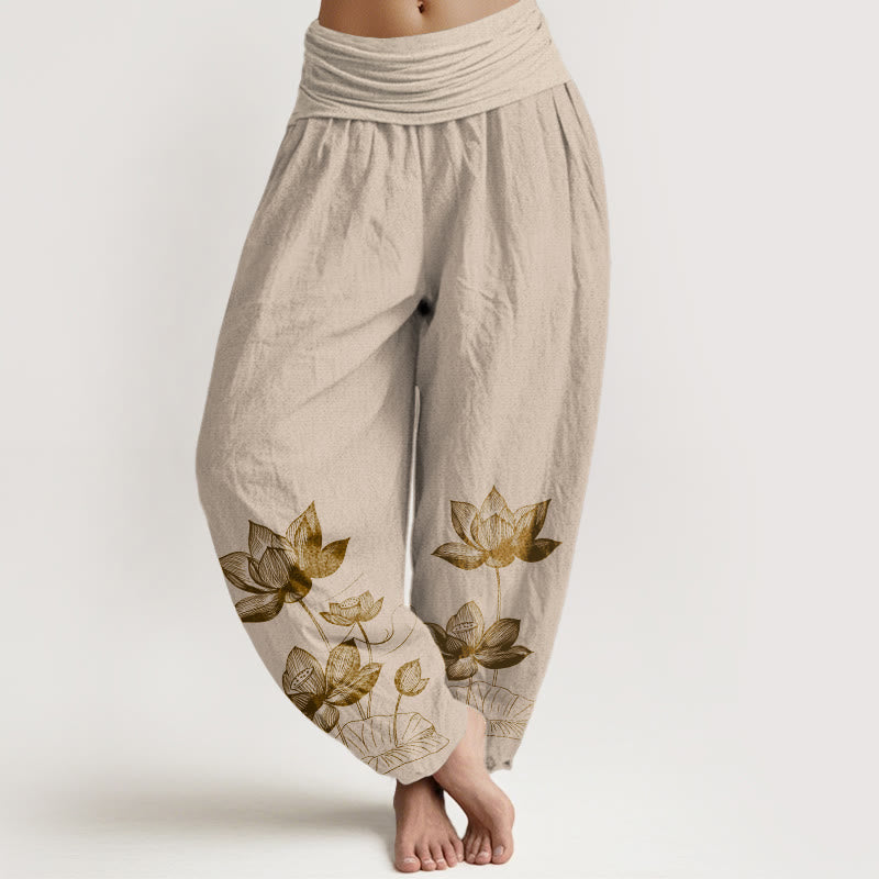 Pantalon harem à taille élastique pour femme, en pur coton, motif de fleur de lotus dessiné au trait, Buddha Stones - Tanné - US16，UK/AU20，EU48 (3XL) - image 11