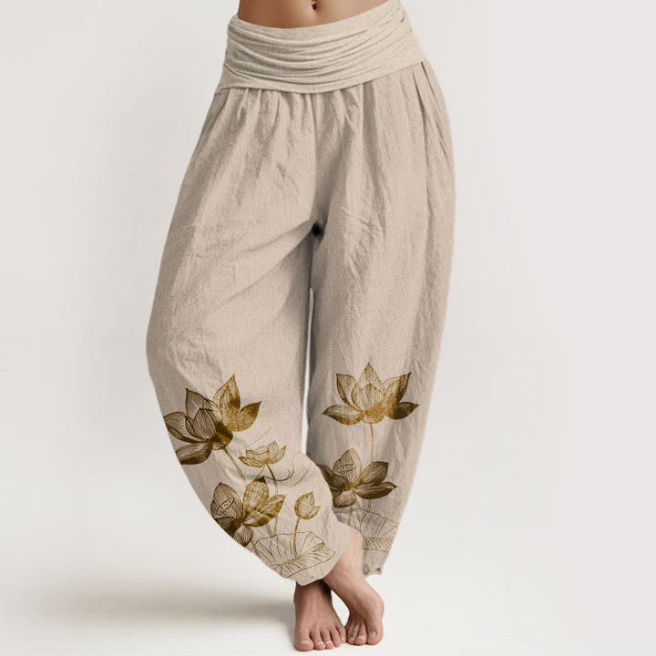 Pantalon harem à taille élastique pour femme, en pur coton, motif de fleur de lotus dessiné au trait, Buddha Stones - Tanné - US16，UK/AU20，EU48 (3XL) - image 11