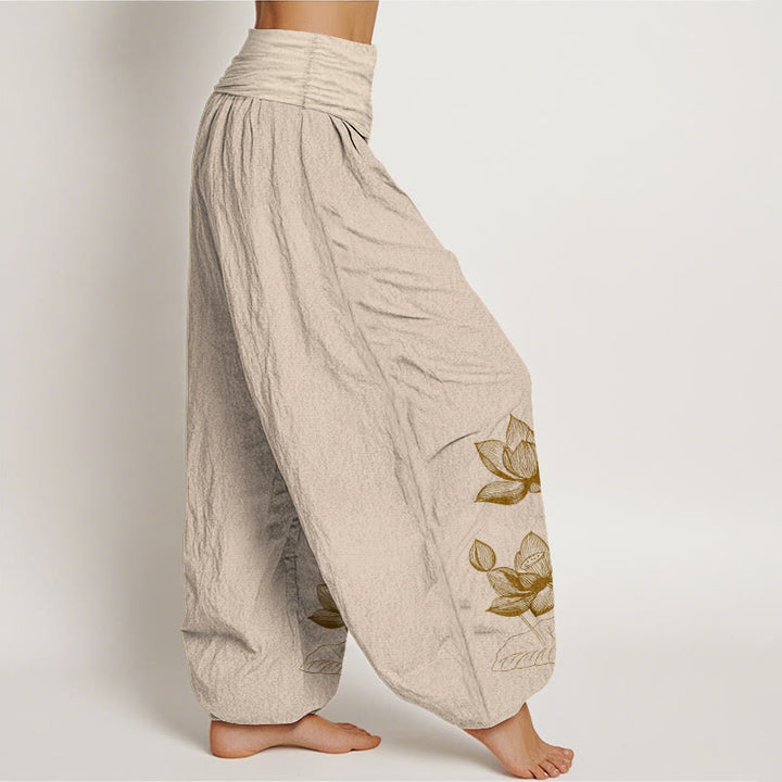Pantalon harem à taille élastique pour femme, en pur coton, motif de fleur de lotus dessiné au trait, Buddha Stones - image 13