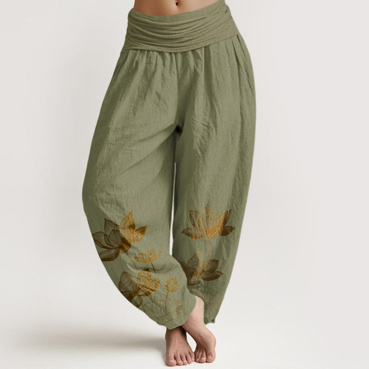 Pantalon harem à taille élastique pour femme, en pur coton, motif de fleur de lotus dessiné au trait, Buddha Stones - Vert olive - US16，UK/AU20，EU48 (3XL) - image 14