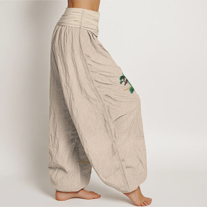Pantalon harem femme en pur coton, motif grue et pin, aux couleurs élégantes et orné de pierres de Buddha Stones. Taille élastique. - image 2