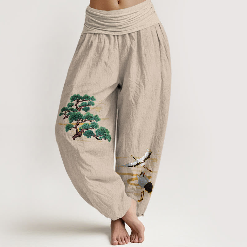 Pantalon harem femme en pur coton, motif grue et pin, aux couleurs élégantes et orné de pierres de Buddha Stones. Taille élastique. - Tanné - US16，UK/AU20，EU48 (3XL) - image 0