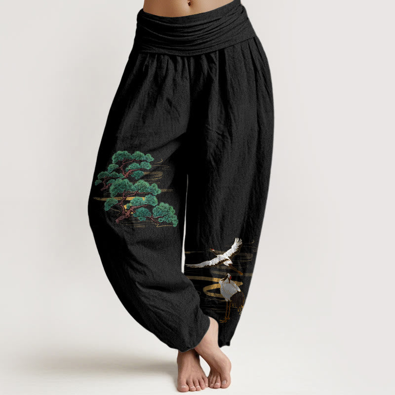 Pantalon harem femme en pur coton, motif grue et pin, aux couleurs élégantes et orné de pierres de Buddha Stones. Taille élastique. - Noir - US16，UK/AU20，EU48 (3XL) - image 5