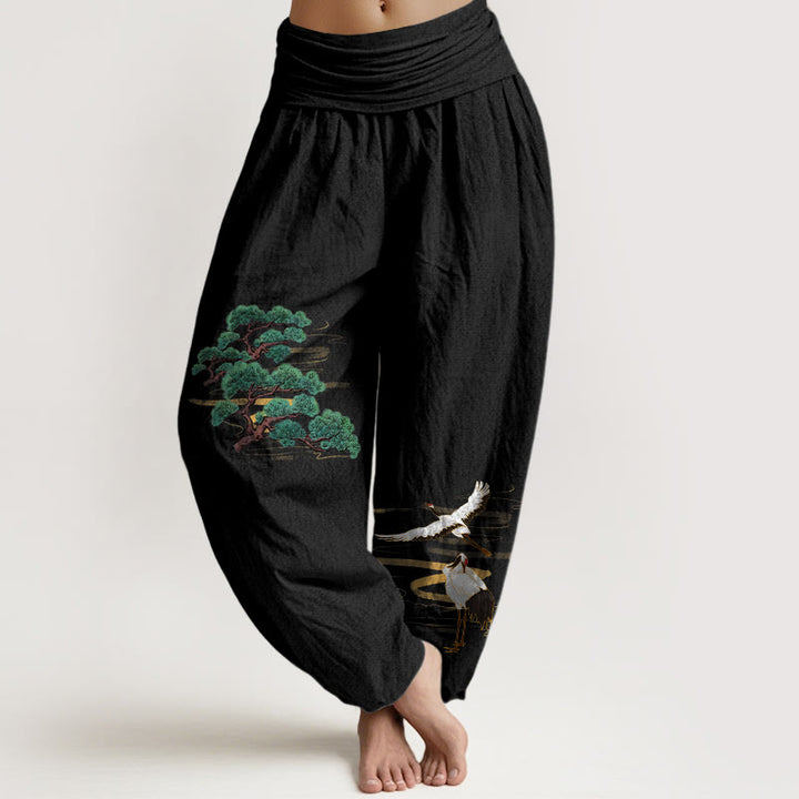 Pantalon harem femme en pur coton, motif grue et pin, aux couleurs élégantes et orné de pierres de Buddha Stones. Taille élastique. - Noir - US16，UK/AU20，EU48 (3XL) - image 5