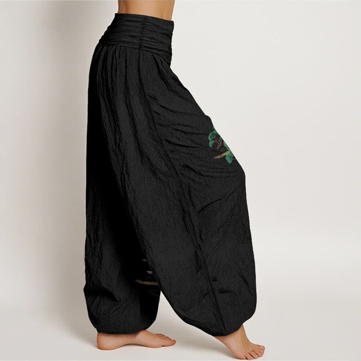 Pantalon harem femme en pur coton, motif grue et pin, aux couleurs élégantes et orné de pierres de Buddha Stones. Taille élastique. - image 7