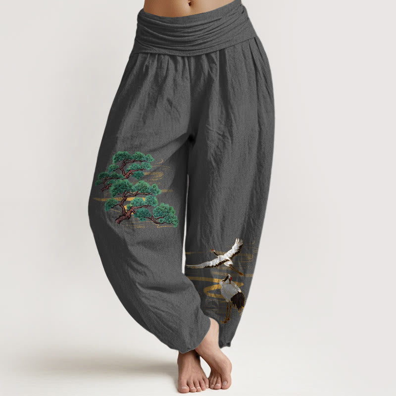 Pantalon harem femme en pur coton, motif grue et pin, aux couleurs élégantes et orné de pierres de Buddha Stones. Taille élastique. - Gris sombre - US16，UK/AU20，EU48 (3XL) - image 11