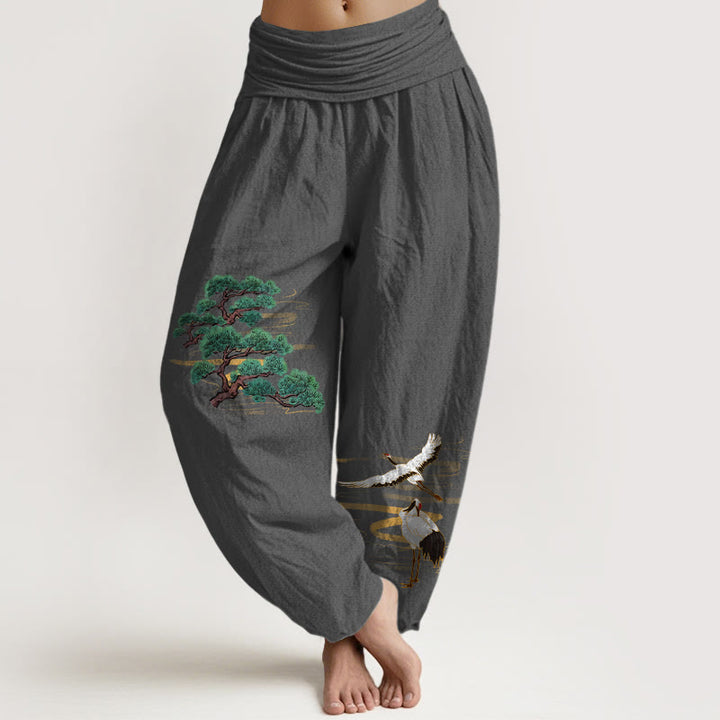 Pantalon harem femme en pur coton, motif grue et pin, aux couleurs élégantes et orné de pierres de Buddha Stones. Taille élastique. - Gris sombre - US16，UK/AU20，EU48 (3XL) - image 11