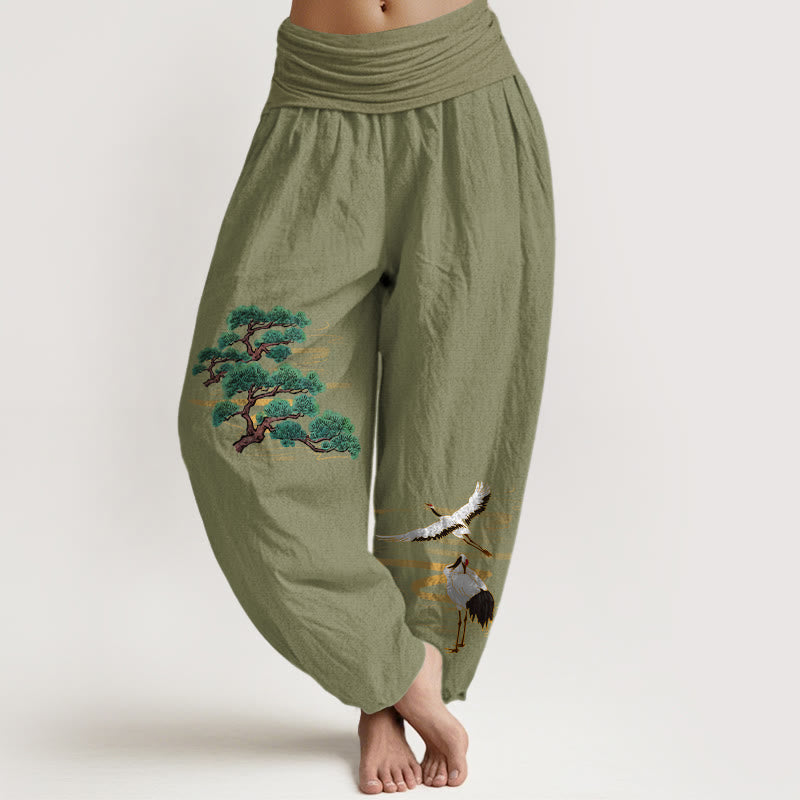 Pantalon harem femme en pur coton, motif grue et pin, aux couleurs élégantes et orné de pierres de Buddha Stones. Taille élastique. - Vert olive - US16，UK/AU20，EU48 (3XL) - image 14