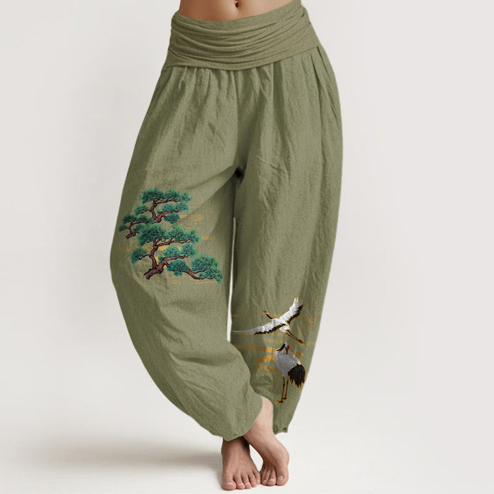 Pantalon harem femme en pur coton, motif grue et pin, aux couleurs élégantes et orné de pierres de Buddha Stones. Taille élastique. - Vert olive - US16，UK/AU20，EU48 (3XL) - image 14