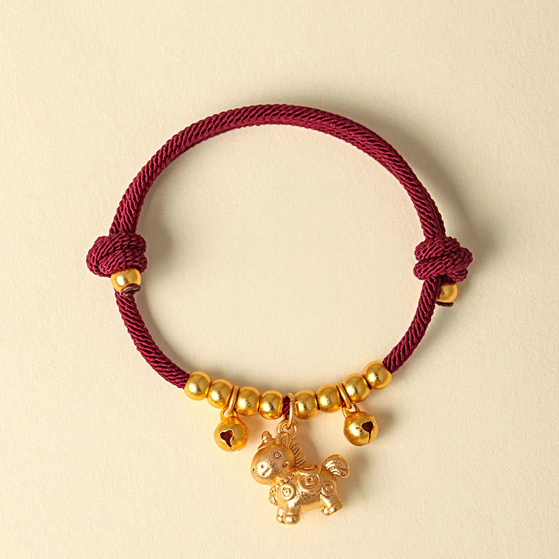 Bracelet ajustable en Buddha Stones, année du Cheval, avec plusieurs styles de chevaux et corde porte-bonheur. - Cheval à cornes d'or Corde rouge - image 17