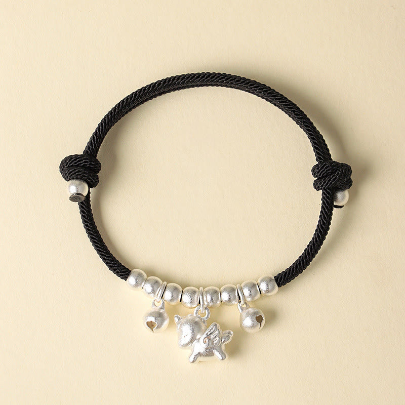 Bracelet ajustable en Buddha Stones, année du Cheval, avec plusieurs styles de chevaux et corde porte-bonheur. - Cheval ailé argenté Corde noire - image 16