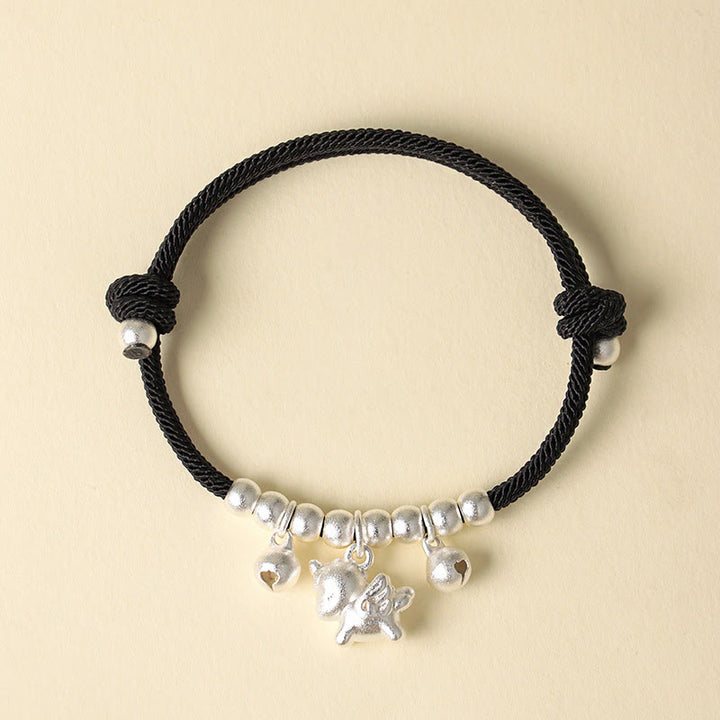 Bracelet ajustable en Buddha Stones, année du Cheval, avec plusieurs styles de chevaux et corde porte-bonheur. - Cheval ailé argenté Corde noire - image 16