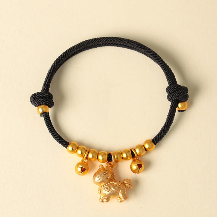 Bracelet ajustable en Buddha Stones, année du Cheval, avec plusieurs styles de chevaux et corde porte-bonheur. - Cheval à cornes d'or Corde noire - image 19