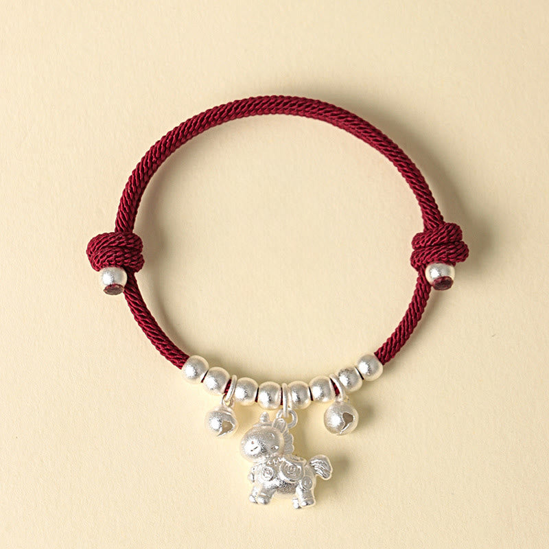 Bracelet ajustable en Buddha Stones, année du Cheval, avec plusieurs styles de chevaux et corde porte-bonheur. - Cheval à cornes argentées Corde rouge - image 20