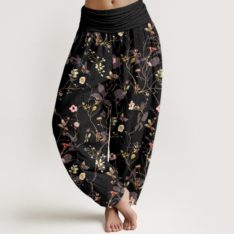 Pantalon harem femme en pur coton à taille élastique, motif rétro de Buddha Stones, fleurs, feuilles et branches - Noir - US16，UK/AU20，EU48 (3XL) - image 0