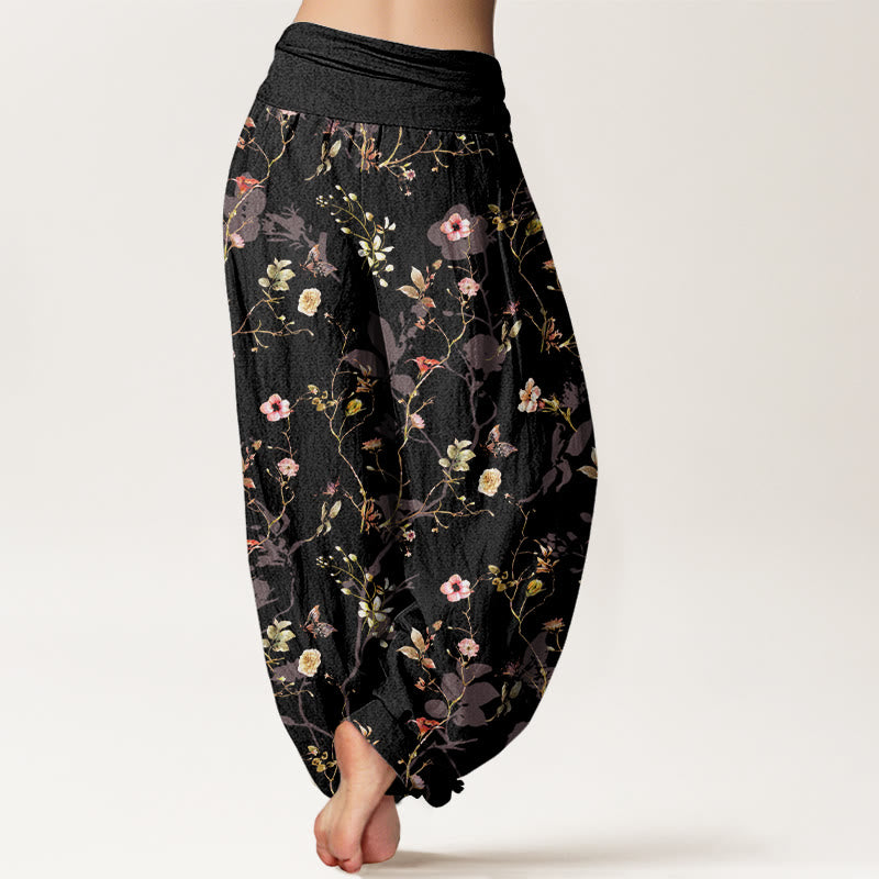 Pantalon harem femme en pur coton à taille élastique, motif rétro de Buddha Stones, fleurs, feuilles et branches - image 1
