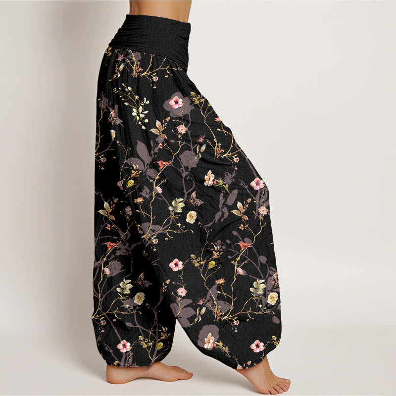 Pantalon harem femme en pur coton à taille élastique, motif rétro de Buddha Stones, fleurs, feuilles et branches - image 2