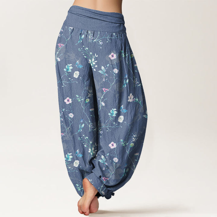 Pantalon harem femme en pur coton à taille élastique, motif rétro de Buddha Stones, fleurs, feuilles et branches - image 6