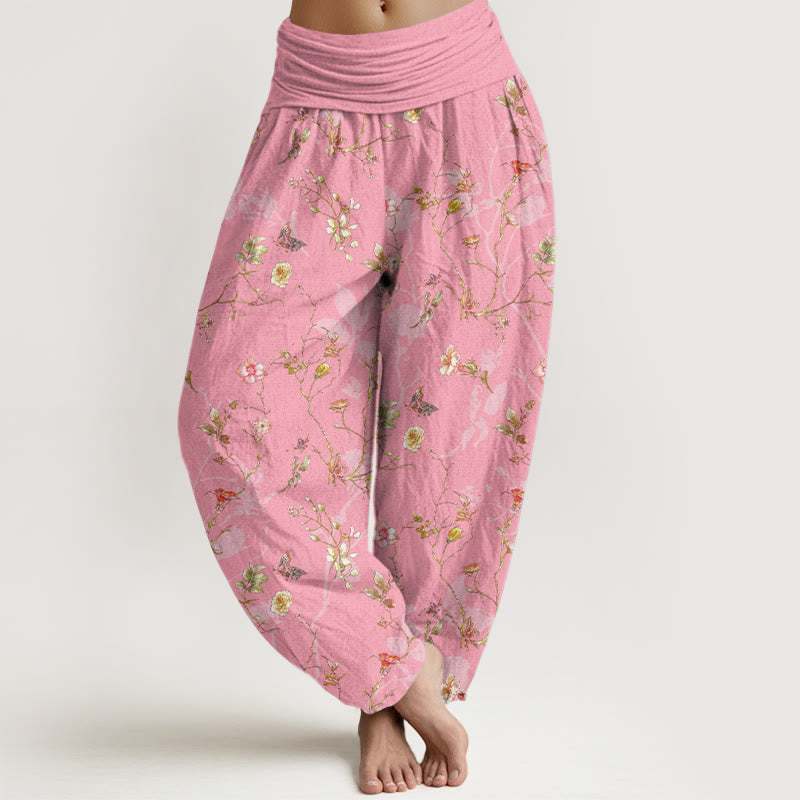 Pantalon harem femme en pur coton à taille élastique, motif rétro de Buddha Stones, fleurs, feuilles et branches - Rose vif - US16，UK/AU20，EU48 (3XL) - image 8