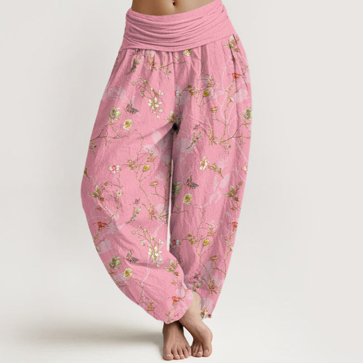 Pantalon harem femme en pur coton à taille élastique, motif rétro de Buddha Stones, fleurs, feuilles et branches - Rose vif - US16，UK/AU20，EU48 (3XL) - image 8