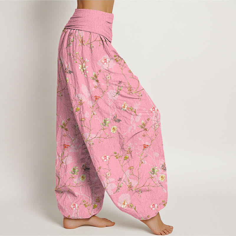 Pantalon harem femme en pur coton à taille élastique, motif rétro de Buddha Stones, fleurs, feuilles et branches - image 10
