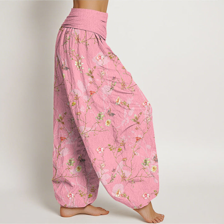Pantalon harem femme en pur coton à taille élastique, motif rétro de Buddha Stones, fleurs, feuilles et branches - image 10