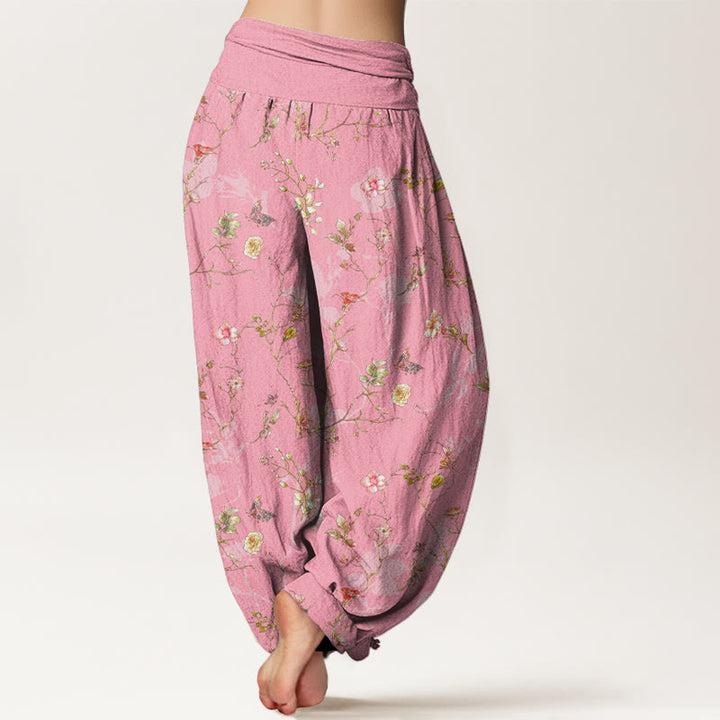 Pantalon harem femme en pur coton à taille élastique, motif rétro de Buddha Stones, fleurs, feuilles et branches - image 9