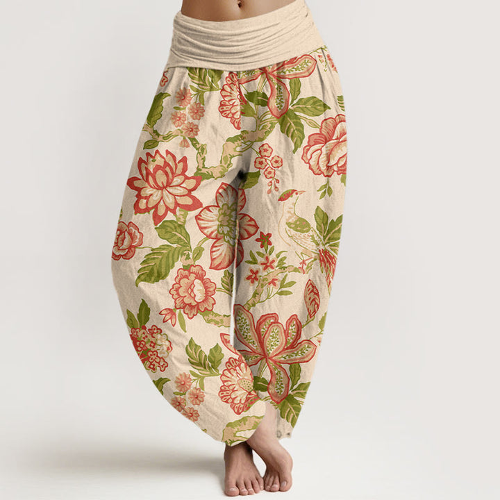 Pantalon harem pour femme en pur coton, taille élastique, motif fleurs, feuilles et branches, couleurs vives , Buddha Stones - LemonChiffon - US16，UK/AU20，EU48 (3XL) - image 0