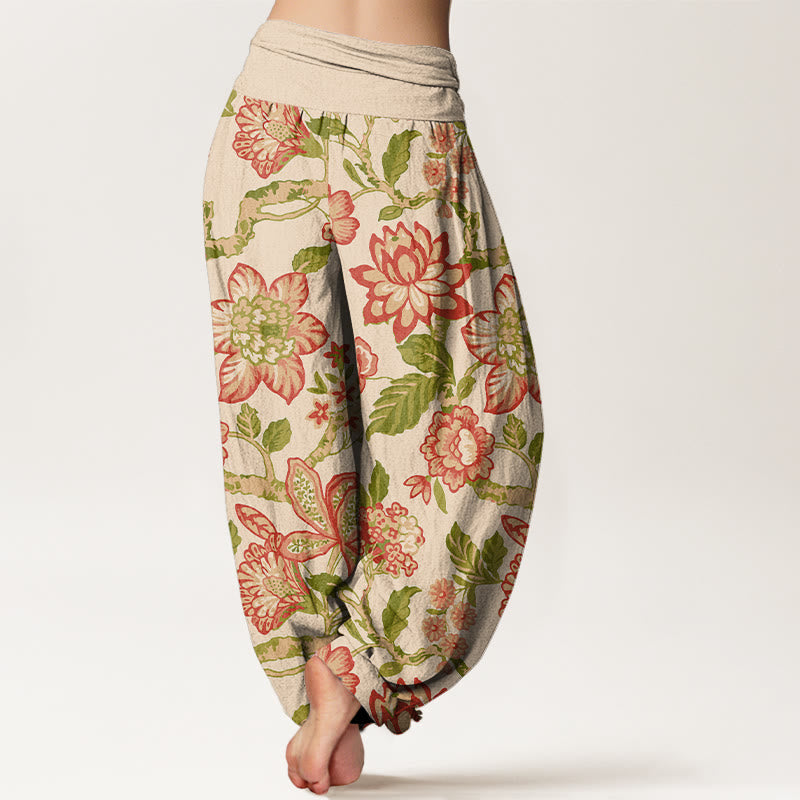 Pantalon harem pour femme en pur coton, taille élastique, motif fleurs, feuilles et branches, couleurs vives , Buddha Stones - image 1