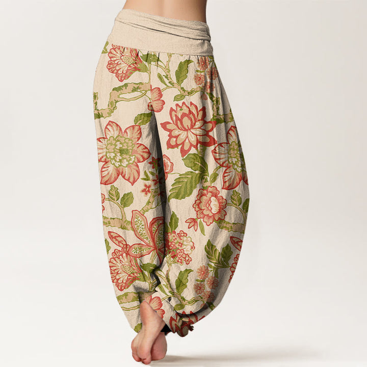 Pantalon harem pour femme en pur coton, taille élastique, motif fleurs, feuilles et branches, couleurs vives , Buddha Stones - image 1