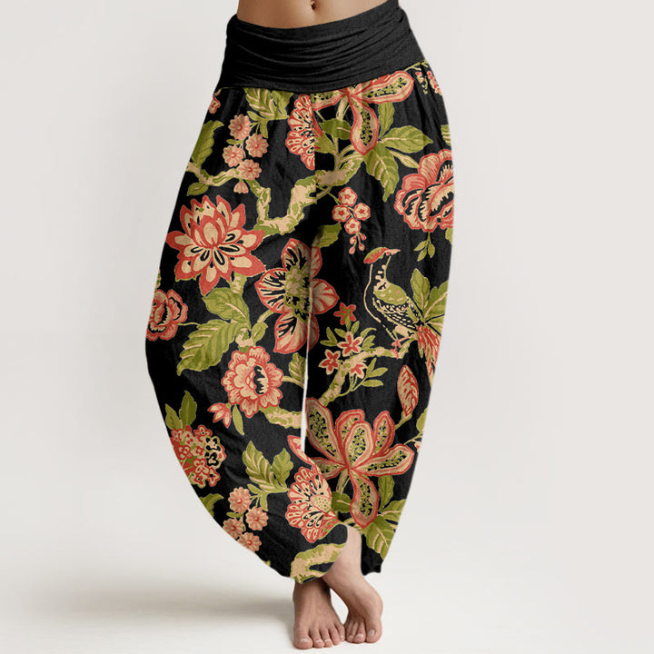 Pantalon harem pour femme en pur coton, taille élastique, motif fleurs, feuilles et branches, couleurs vives , Buddha Stones - Noir - US16，UK/AU20，EU48 (3XL) - image 5