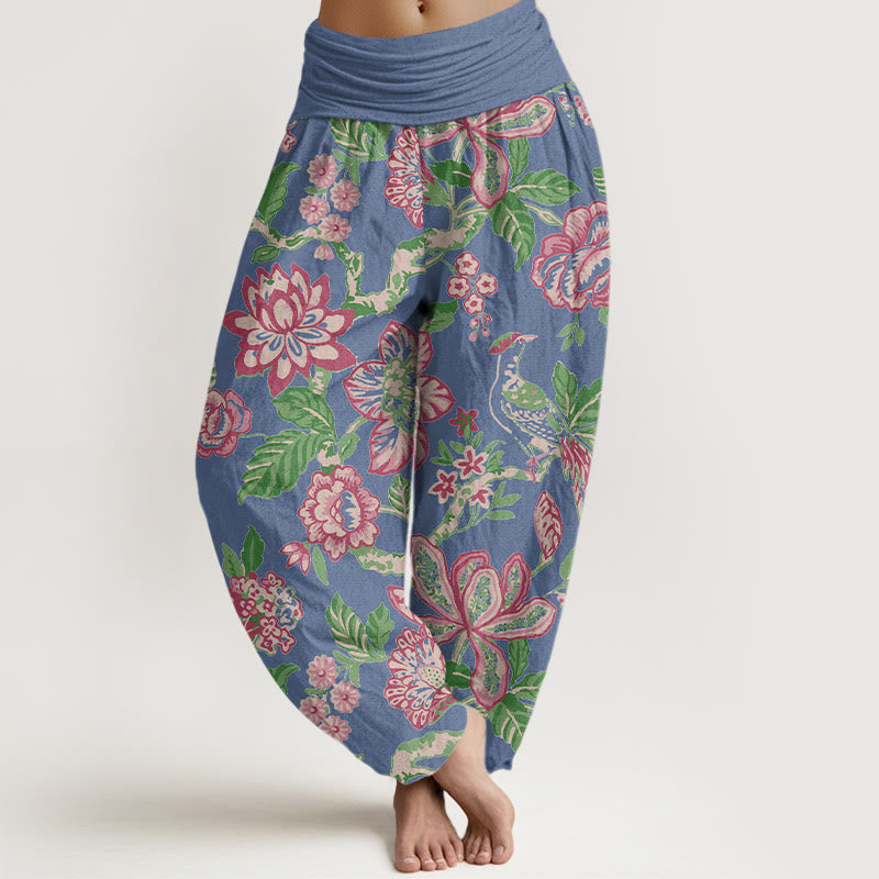 Pantalon harem pour femme en pur coton, taille élastique, motif fleurs, feuilles et branches, couleurs vives , Buddha Stones - Bleuet - US16，UK/AU20，EU48 (3XL) - image 8