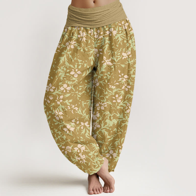 Pantalon harem à taille élastique pour femme, en pur coton, motif abstrait de fleurs et de feuilles, Buddha Stones - verge d'or - US16，UK/AU20，EU48 (3XL) - image 0