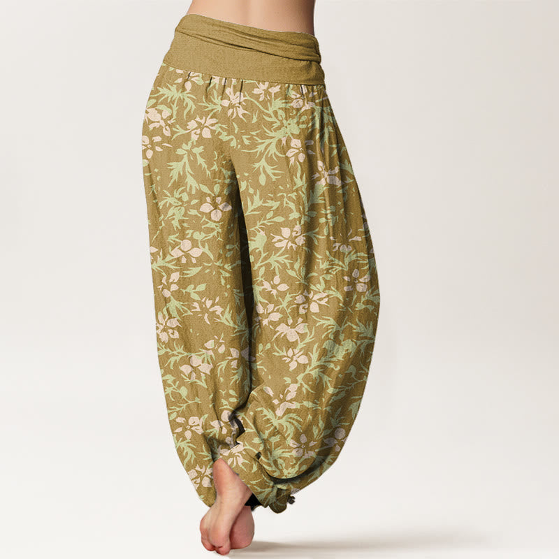 Pantalon harem à taille élastique pour femme, en pur coton, motif abstrait de fleurs et de feuilles, Buddha Stones - image 1