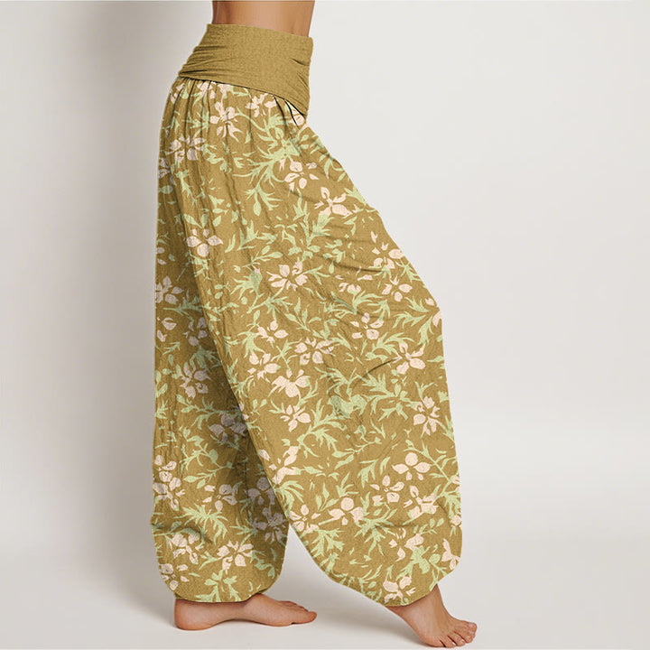 Pantalon harem à taille élastique pour femme, en pur coton, motif abstrait de fleurs et de feuilles, Buddha Stones - image 2
