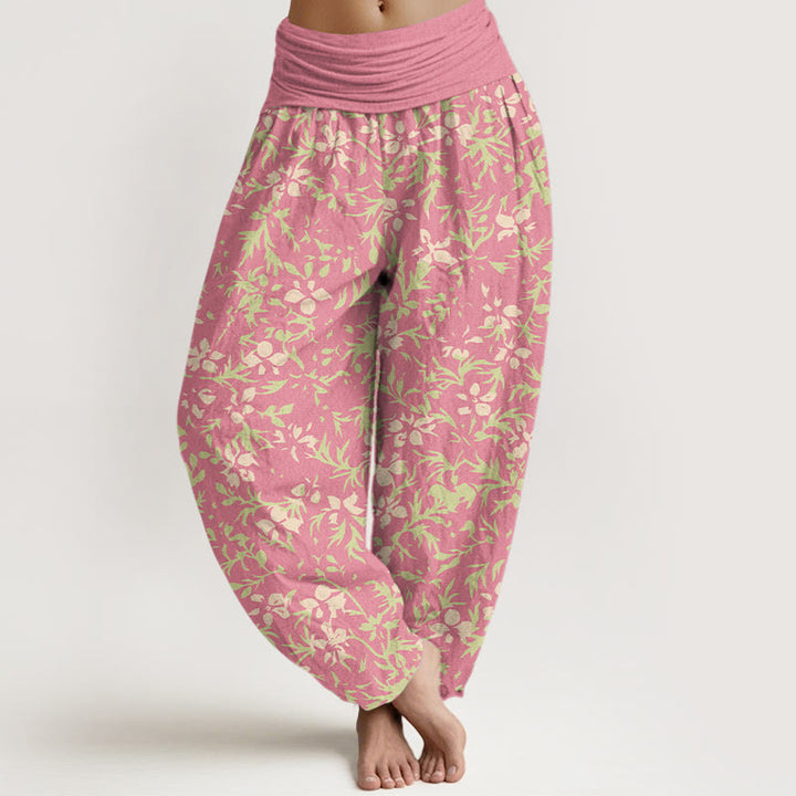Pantalon harem à taille élastique pour femme, en pur coton, motif abstrait de fleurs et de feuilles, Buddha Stones - Rose vif - US16，UK/AU20，EU48 (3XL) - image 5
