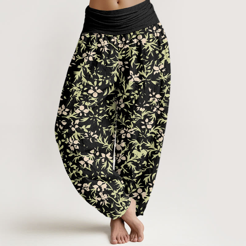 Pantalon harem à taille élastique pour femme, en pur coton, motif abstrait de fleurs et de feuilles, Buddha Stones - Noir - US16，UK/AU20，EU48 (3XL) - image 8