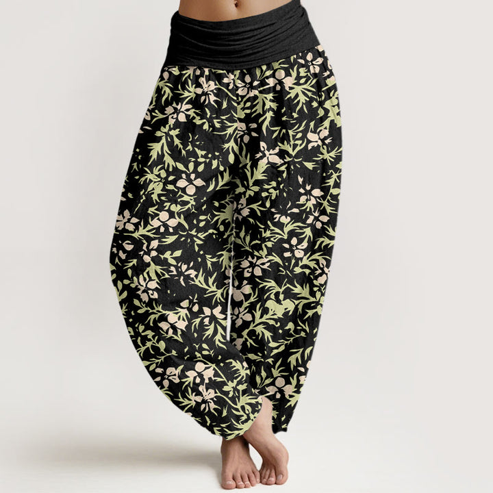 Pantalon harem à taille élastique pour femme, en pur coton, motif abstrait de fleurs et de feuilles, Buddha Stones - Noir - US16，UK/AU20，EU48 (3XL) - image 8