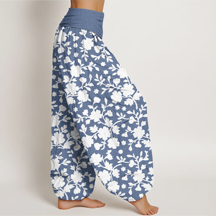 Pantalon harem à taille élastique pour femme, en pur coton blanc, motif fleurs, feuilles et étoiles, Buddha Stones - image 2