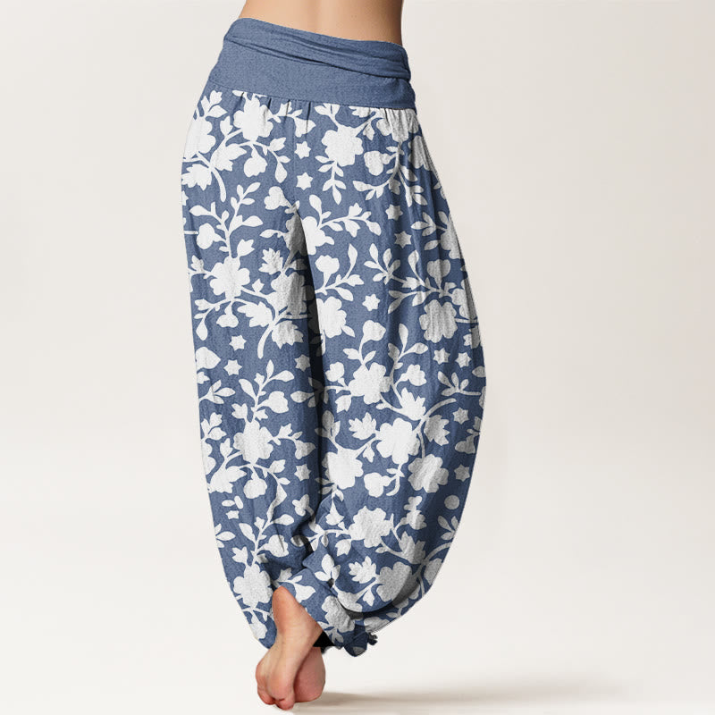 Pantalon harem à taille élastique pour femme, en pur coton blanc, motif fleurs, feuilles et étoiles, Buddha Stones - image 1