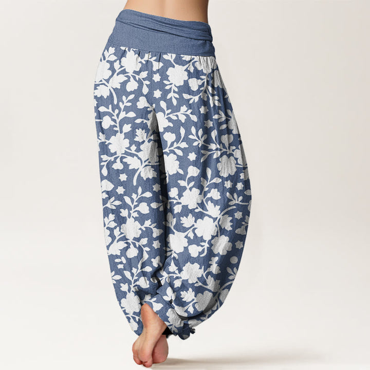 Pantalon harem à taille élastique pour femme, en pur coton blanc, motif fleurs, feuilles et étoiles, Buddha Stones - image 1