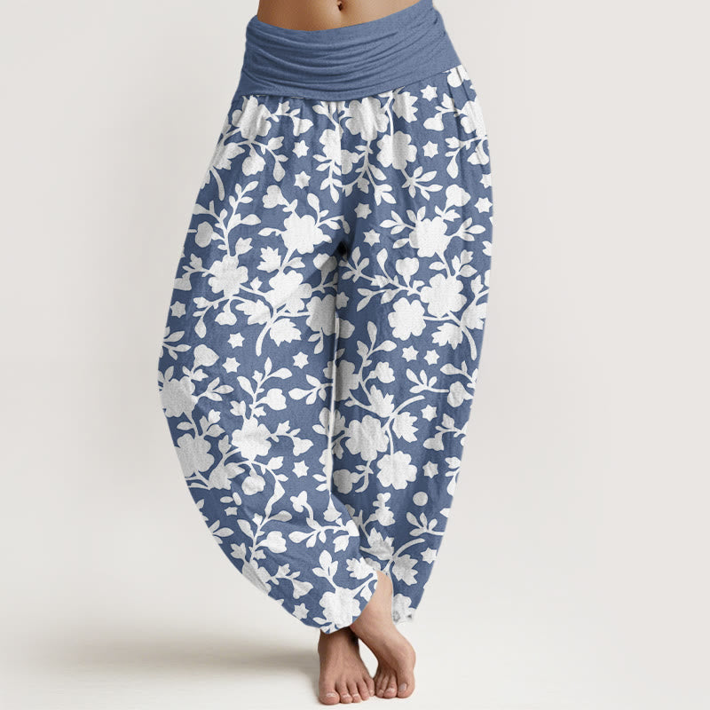 Pantalon harem à taille élastique pour femme, en pur coton blanc, motif fleurs, feuilles et étoiles, Buddha Stones - SteelBlue - US16，UK/AU20，EU48 (3XL) - image 0
