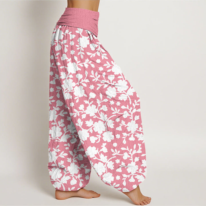 Pantalon harem à taille élastique pour femme, en pur coton blanc, motif fleurs, feuilles et étoiles, Buddha Stones - image 7
