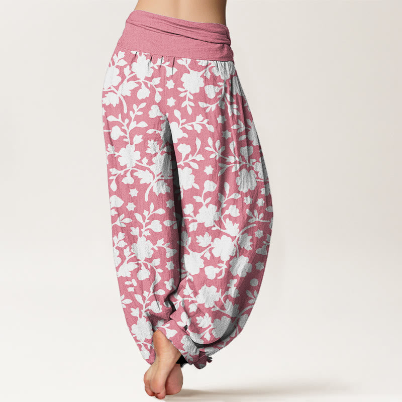 Pantalon harem à taille élastique pour femme, en pur coton blanc, motif fleurs, feuilles et étoiles, Buddha Stones - image 6