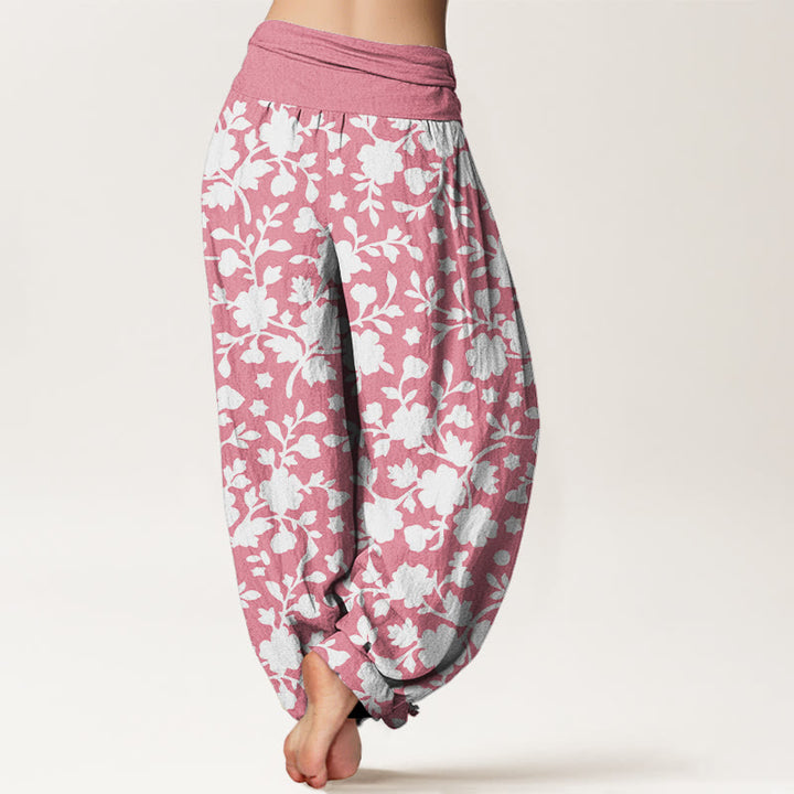 Pantalon harem à taille élastique pour femme, en pur coton blanc, motif fleurs, feuilles et étoiles, Buddha Stones - image 6