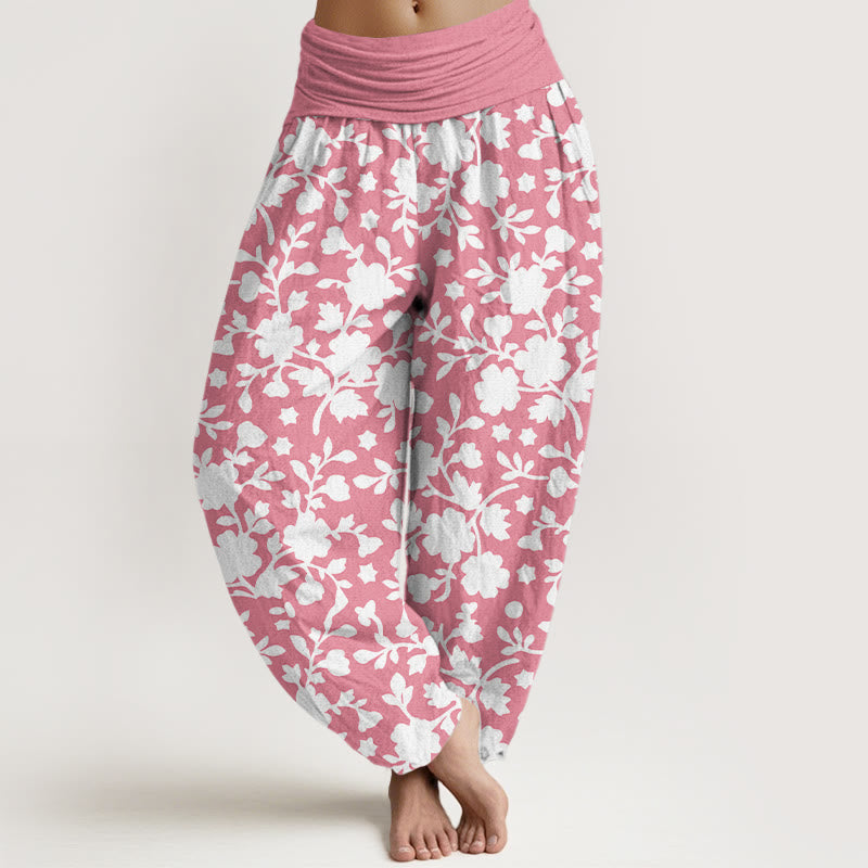 Pantalon harem à taille élastique pour femme, en pur coton blanc, motif fleurs, feuilles et étoiles, Buddha Stones - Rose clair - US16，UK/AU20，EU48 (3XL) - image 5