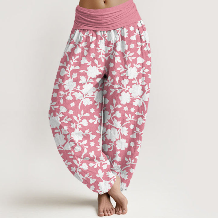 Pantalon harem à taille élastique pour femme, en pur coton blanc, motif fleurs, feuilles et étoiles, Buddha Stones - Rose clair - US16，UK/AU20，EU48 (3XL) - image 5