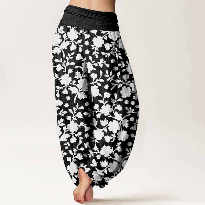Pantalon harem à taille élastique pour femme, en pur coton blanc, motif fleurs, feuilles et étoiles, Buddha Stones - image 9